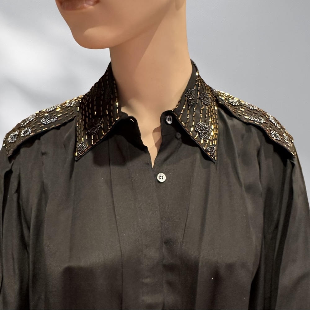 Vintage Navy Silk Beaded Blouse size 8